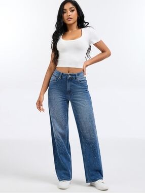 Wide Leg Blue Jeans with Rhinestones
